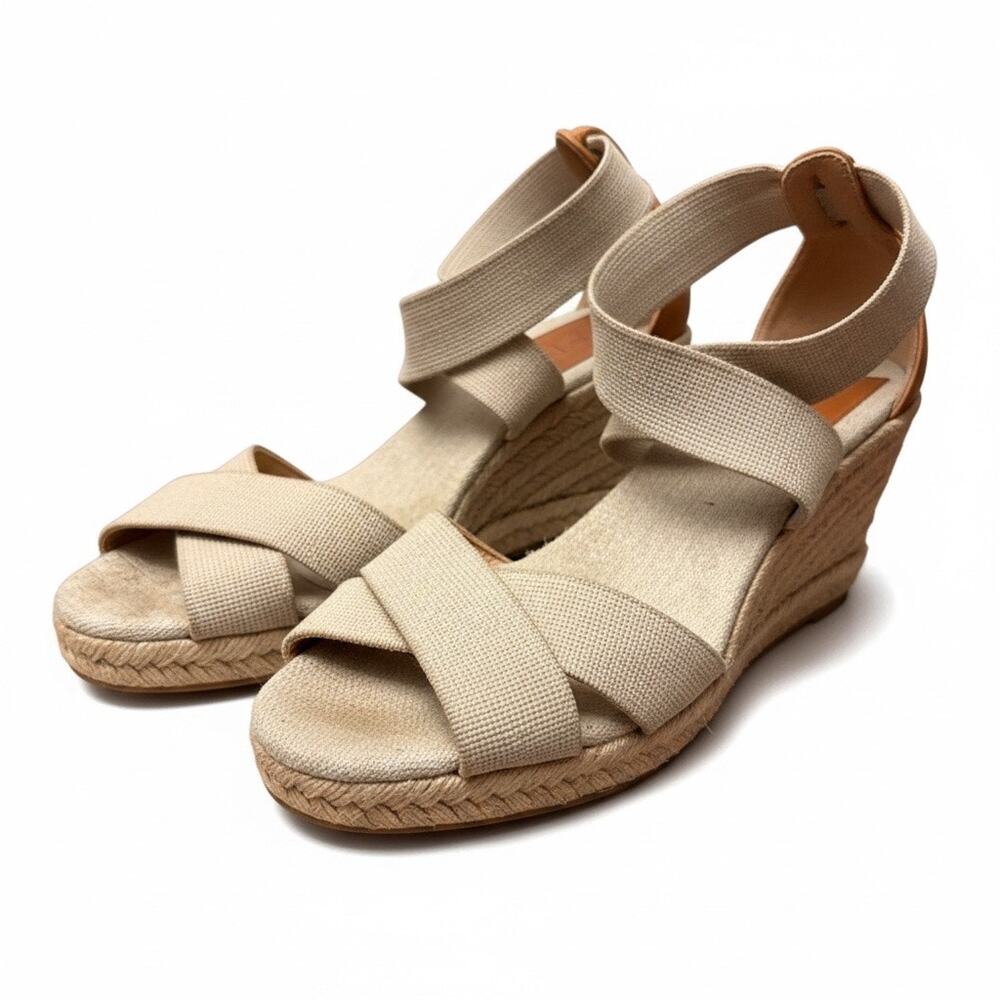 Tory Burch Adonis Beige Canvas Espadrille Wedge Sandals Sz 8.5